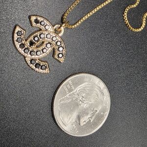 CHANEL Double C Pendant Necklace with Black Stones. 18k PVD Chain